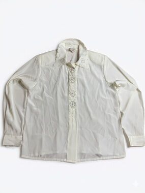 Vintage Elite International White Satin Blouse with Embroidered Collar Size 12